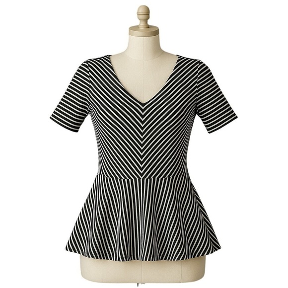 Cable & Gauge Tops - Cable & Gauge Striped Peplum Top V Neck Keyhole Back Short Sleeve Black M Womens